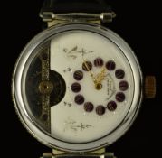 Hebdomas patent gentleman's wristwatch with visible escapement, gold hands, silver Roman numerals on