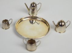 Elizabeth II novelty miniature hallmarked silver four piece teaset on tray, Birmingham 1971, maker