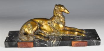 Bronze or similar Borzoi dog on marble base, H16 x L37cm
