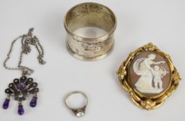 Victorian cameo brooch, silver filigree necklace, silver ring and silver napkin ring