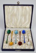 Cased set of Danish silver and enamel spoons, each a different colour, marked Ela Denmark sterling