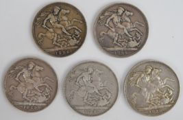 Five Victorian crowns comprising 1889, 1890, 1894, 1896 and 1899, weight 140g