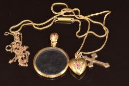 A c1900 15ct gold heart pendant set with rose cut diamonds (1.4g) on yellow metal chain, 9ct gold