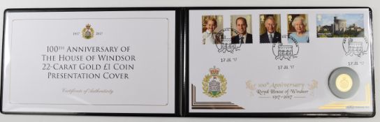 Benham limited edition (of 45) 2017 Elizabeth II proof 22ct gold £1 coin cover (8g), with