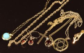 Four 9ct gold chains, four 9ct gold pendants, an 18ct gold pendant (0.6g) and a pair of 9ct gold