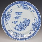 Chinese 19thC blue and white porcelain export plate decorated with chrysanthemums and bamboo,