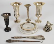 Hallmarked and world silver comprising pair of hallmarked silver vases, height 12.5cm, further