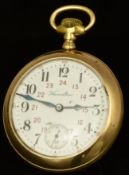 Hamilton gold plated keyless winding open faced pocket watch with inset subsidiary seconds dial,