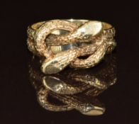 A 9ct gold serpent ring with textured finish, 4.2g, size L