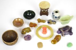 A collection of Chinese jade / glass figures, disc on stand, bracelet, bowls, 18thC porcelain ink