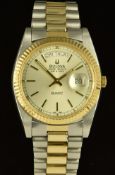 Bulova Super Seville gentleman's wristwatch with day and date apertures, luminous gold hands, gold