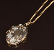 A 9ct gold locket with engraved white gold flowers (2.8 x 2cm) on 9ct gold chain, 7.5g, 56cm