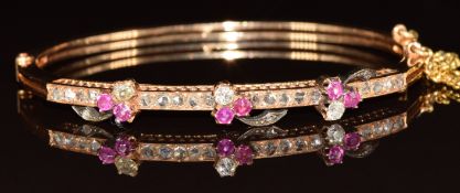 Victorian/ Edwardian 18ct gold bangle set with old cut and rose cut diamonds and pink sapphires in