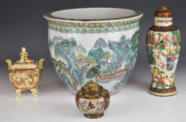 Chinese jardinière, lamp, Japanese satsuma figural koro and cloisonné ginger jar, tallest 22.5cm