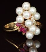 A 9ct gold ring set with pearls, rubies and diamonds, 2.8g, size L