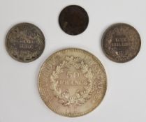 Four silver coins comprising 1808 Napoleon Demi Franc (F), two 1859 Queen Victoria young head