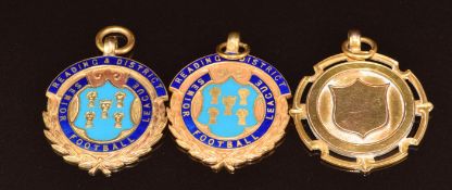 Two 9ct gold Reading & District football medallions with enamel decoration and a 9ct gold