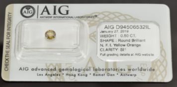 A loose 0.50ct round brilliant cut natural fancy intense yellow orange diamond, with certificate