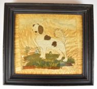 18th / 19thC needlework / embroidery of a spaniel on a grassy mound with house beyond, signed Anne