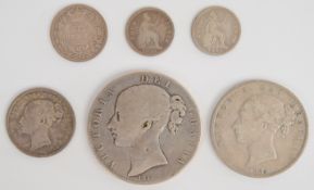 Victorian young head coinage comprising 1844 crown,1884 halfcrown, 1883 shilling, 1885 sixpence