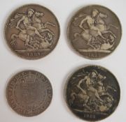 Three crowns comprising 1822 George IV and 1888 and 1889 Victoria together with an 1899 half