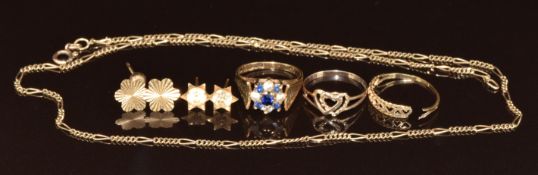 Three 9ct gold rings, 9ct gold chain / necklaces, and two pairs of 9ct gold earrings, 10.1g