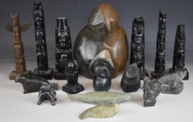 Native American / Canadian / India / Innuit and African carved artworks including owl signed Bryn