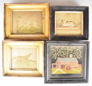 Four 19thC wool work / embroideries of dogs and a mill with waterwheel and stream, largest 16 x 18cm