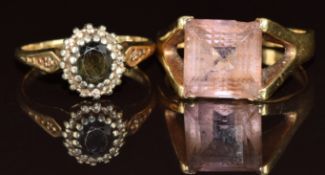 Two 9ct gold rings, one set with amethyst and the other a sapphire surrounded by diamonds, 7.5g,