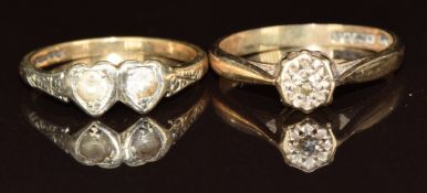 Two 9ct gold rings, one set with a diamond and the other quartz, 3.8g, size J & K