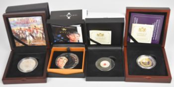 Four cased proof 999 silver coins comprising 2015 Battle of Waterloo, 2019 Maurer Legends of