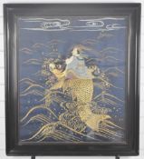 19th / 20thC Chinese embroidery of a scholar riding a fish with glass eye with 'Aitken Dollson,