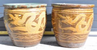 Pair of Chinese jardinières / garden planters with dragon decoration, diameter 49 x height 48cm