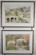 Grace D Bratton pair of watercolours, Botanical Gardens, Bath and a bridge with Cotswold stone