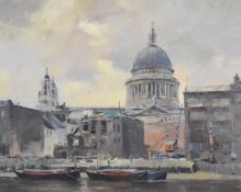 Trevor Chamberlain (b1933) ROI RSMA oil on canvas 'Thames Side Warehouses under Demolition' with