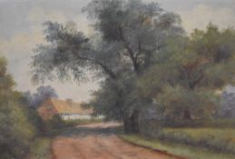 19th / 20thC oil on canvas of a country lane with house, in ornate gilt frame, signed lower left