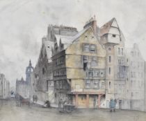 19th / 20thC watercolour of a street scene with corner shop 'J. Swords Rag Store', possibly West