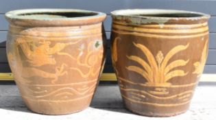 Two Chinese jardinières / garden planters with dragon and bird decoration, diameter 49 x height