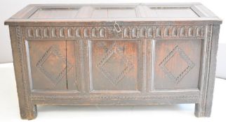 17thC carved oak blanket chest, W128 x D54 x H66cm