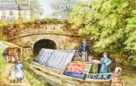 [Miniature] Rita Whitaker 'A Rest At Braunston' miniature enamel on copper of a narrowboat beside