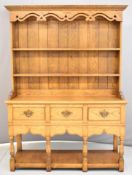 Reproduction oak dresser with undershelf, W138 x D48 x H190cm