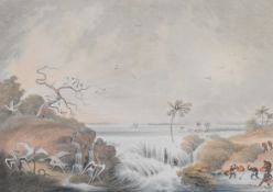 Samuel Howett aquatint engraving 'The Ganges Breaking Its Banks With Fishing etc' after the original