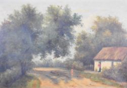19th / 20thC oil on canvas of a woman beside a cottage and girl with toy and fowl in a sunny lane,