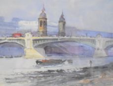 Roy Hammond (b1934) WGA watercolour Southwark Bridge with barge and figure at low tide, 15 x 20cm