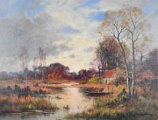 Eugene Demester (French 1914-1984) oil on canvas lake landscape with punt or similar boat beside a