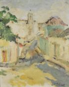 John C Stone (20thc) oil on board with old label 'Before The Tourists, Portugal (what was I?)' and