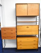 Ladderax mid century modern teak shelving comprising chest of three straight drawers, cupboard