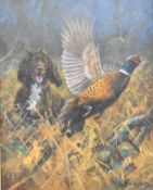 John Trickett (b1952) oil on canvas spaniel flushing a cock pheasant from bracken, label verso, 49 x
