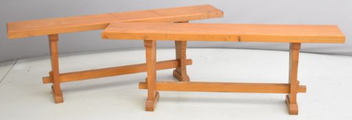 Pair of Arts and Craft style elm benches with peg joints and four single plank tops, W130 x D23 x