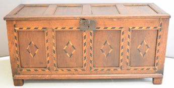 17th / 18thC marquetry oak jointed four panel chest, W140 x D56 x H64cm